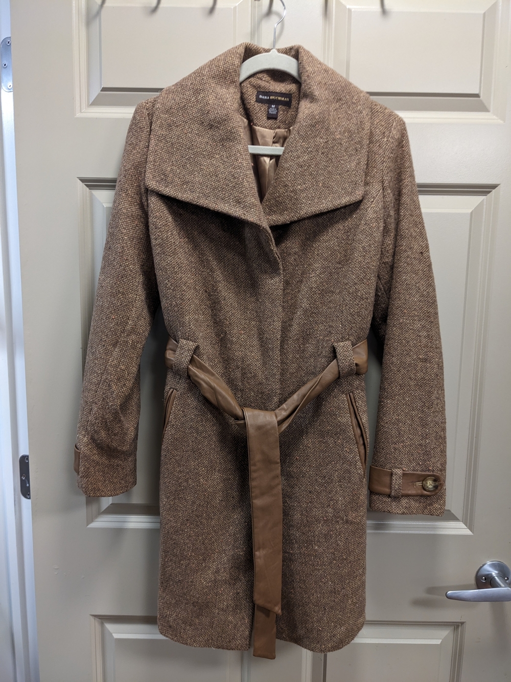 Dana Buchman Wool Blend Tweed Belted Trench Coat Size Medium